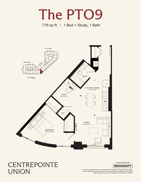 Floor plan for 1 bed, 1 bath, 778 sqft