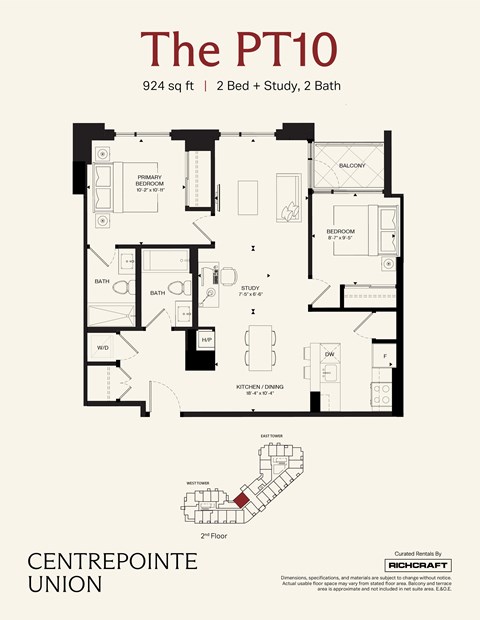 Floor plan for 2 beds, 2 baths, 924 sqft