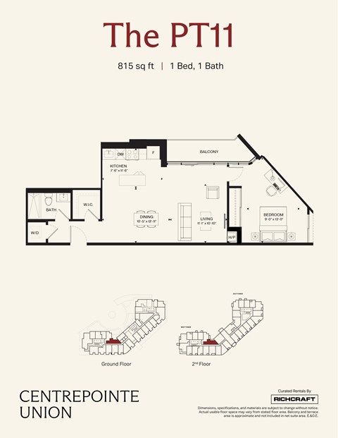 Floor plan for 1 bed, 1 bath, 815 sqft