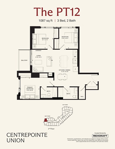 Floor plan for 3 beds, 2 baths, 1087 sqft