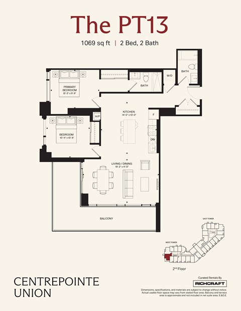 Floor plan for 2 beds, 2 baths, 1069 sqft