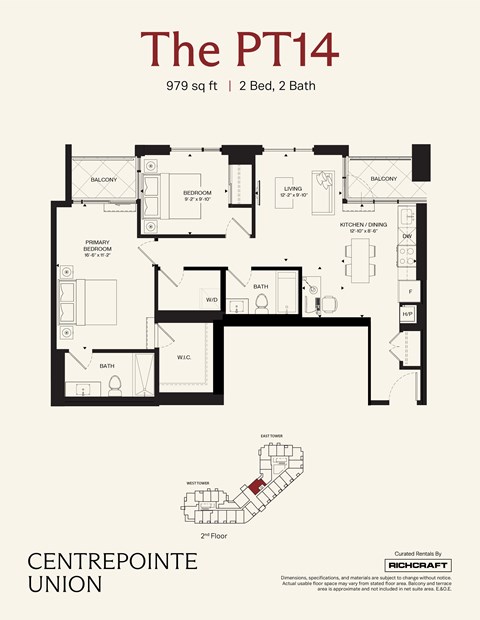 Floor plan for 2 beds, 2 baths, 979 sqft
