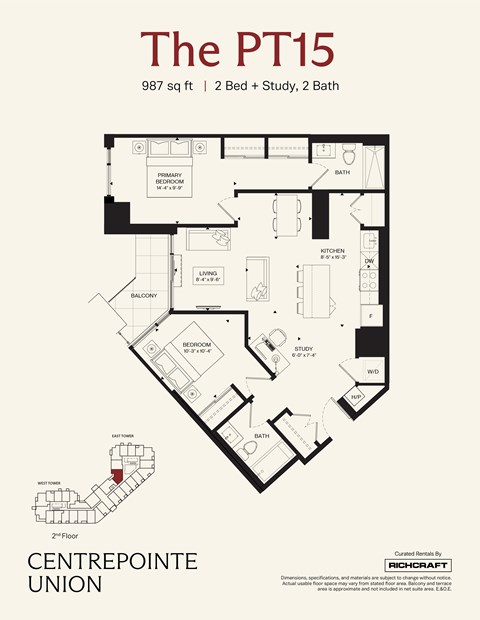 Floor plan for 2 beds, 2 baths, 987 sqft