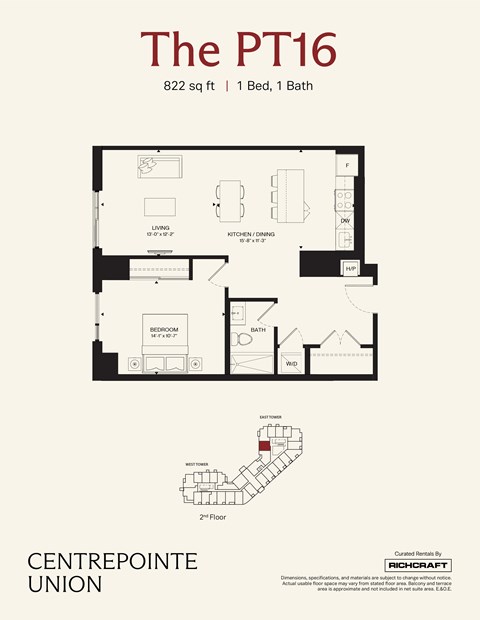 Floor plan for 1 bed, 1 bath, 822 sqft