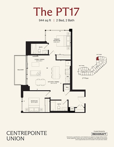 Floor plan for 2 beds, 2 baths, 944 sqft