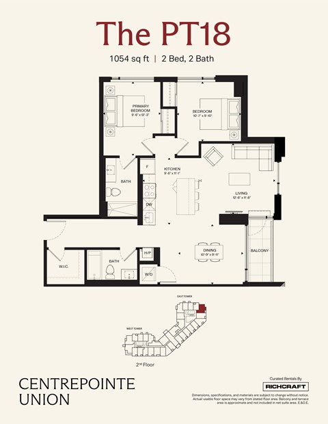 Floor plan for 2 beds, 2 baths, 1054 sqft