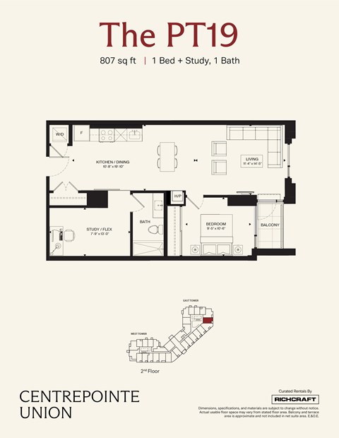 Floor plan for 1 bed, 1 bath, 807 sqft