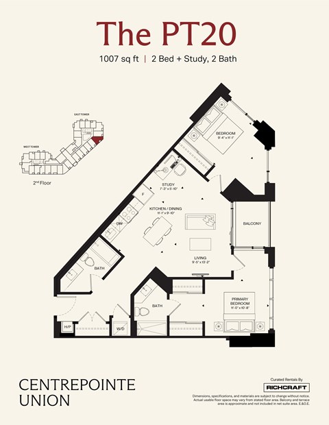 Floor plan for 2 beds, 2 baths, 1007 sqft