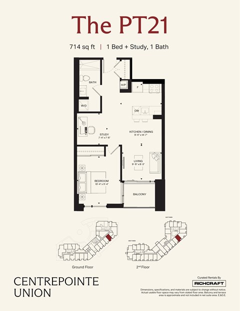 Floor plan for 1 bed, 1 bath, 714 sqft