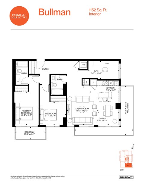 Floor plan for 2 beds, 2 baths, 1152 sqft