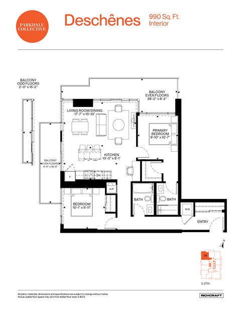 Floor plan for 2 beds, 2 baths, 990 sqft