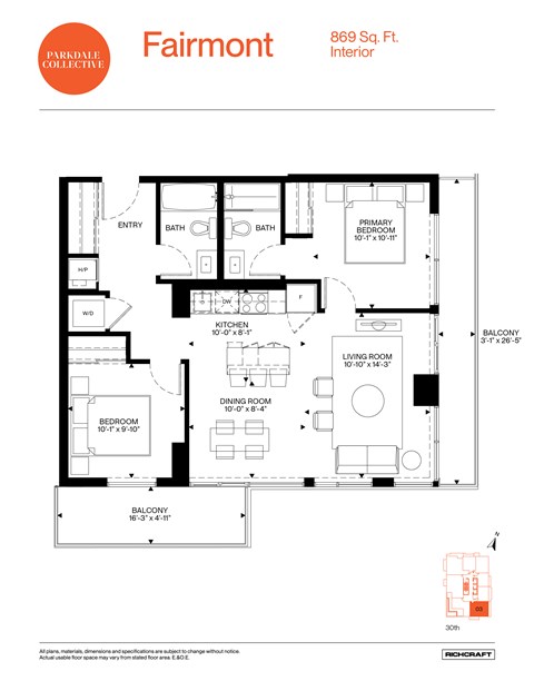 Floor plan for 2 beds, 2 baths, 869 sqft