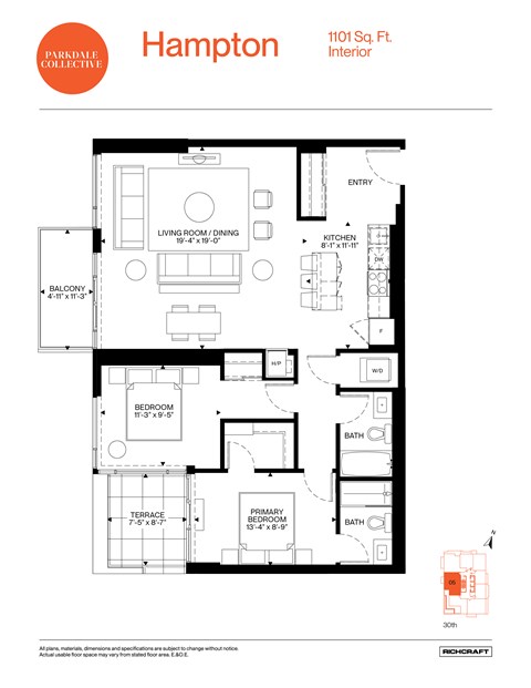 Floor plan for 2 beds, 2 baths, 1101 sqft