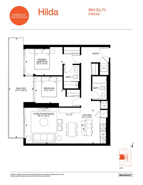 Floor plan for 2 beds, 2 baths, 964 sqft