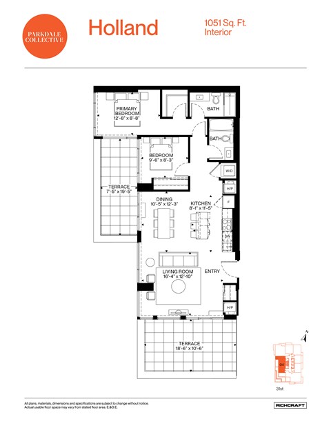 Floor plan for 2 beds, 2 baths, 1051 sqft