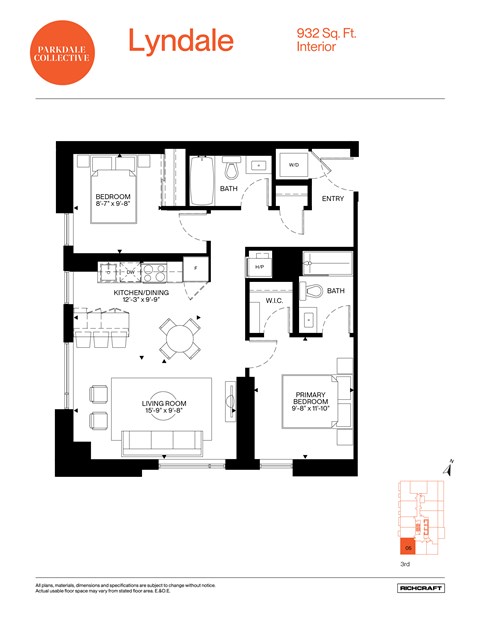 Floor plan for 2 beds, 2 baths, 932 sqft