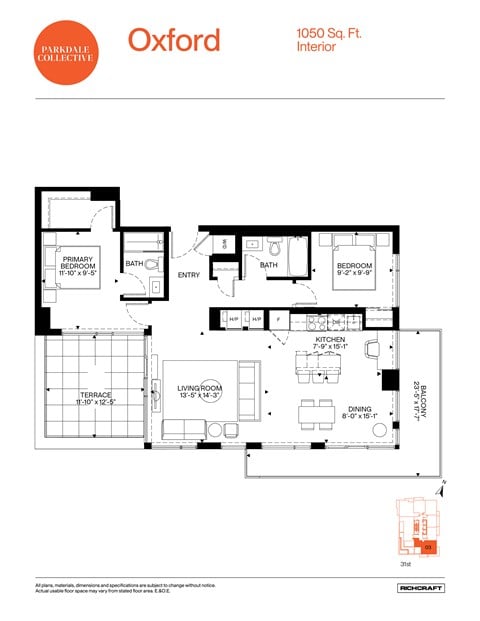 Floor plan for 2 beds, 2 baths, 1048 sqft