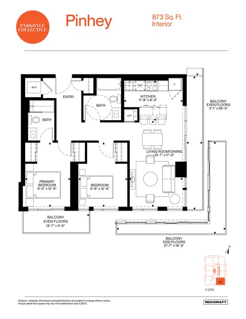 Floor plan for 2 beds, 2 baths, 873 sqft