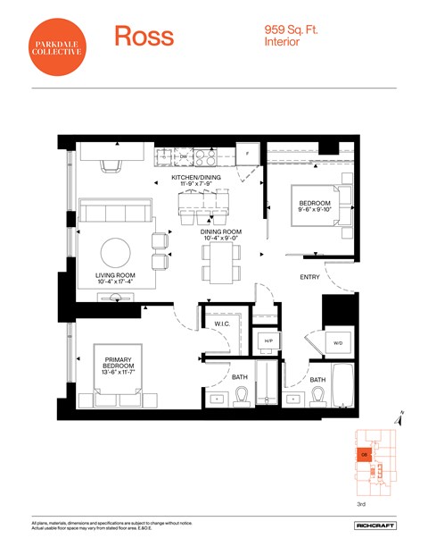 Floor plan for 2 beds, 2 baths, 959 sqft