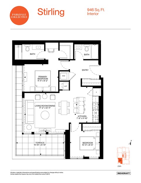 Floor plan for 2 beds, 2 baths, 946 sqft