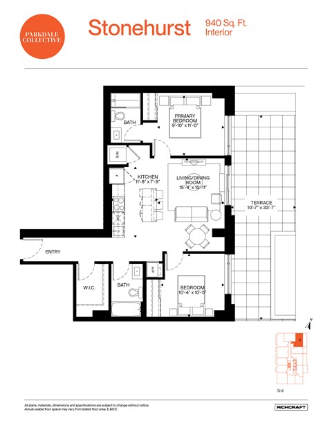 Floor plan for 2 beds, 2 baths, 940 sqft