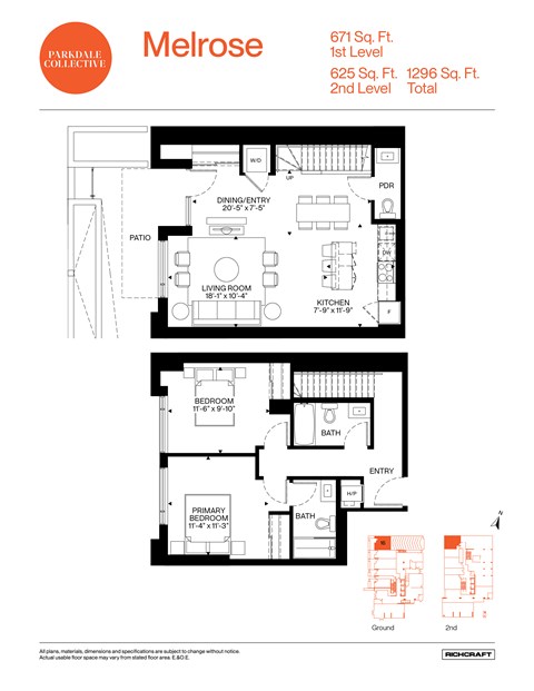 Floor plan for 2 beds, 2.5 baths, 1296 sqft