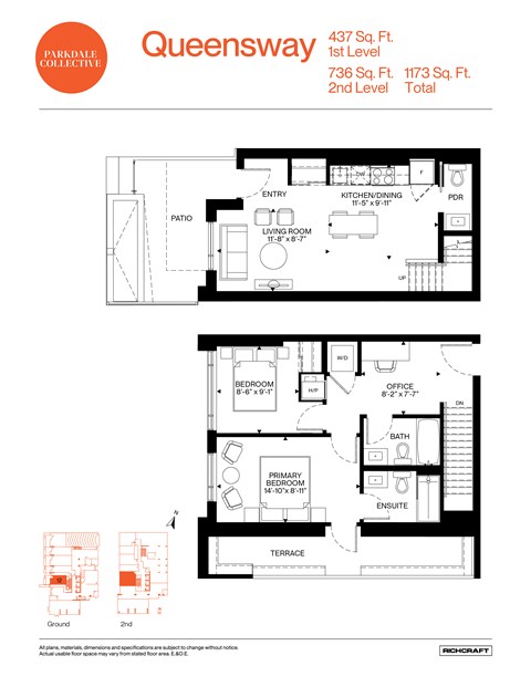 Floor plan for 2 beds, 2.5 baths, 1173 sqft