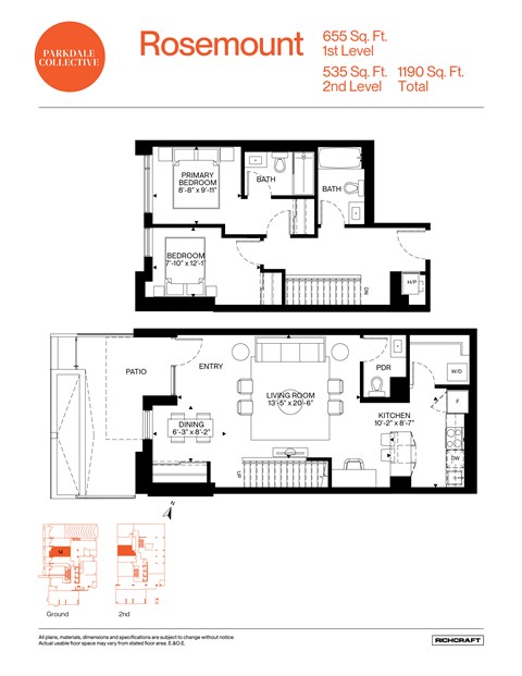 Floor plan for 2 beds, 2.5 baths, 1190 sqft