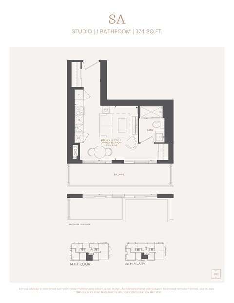 Floor plan for studio, 1 bath, 374 sqft