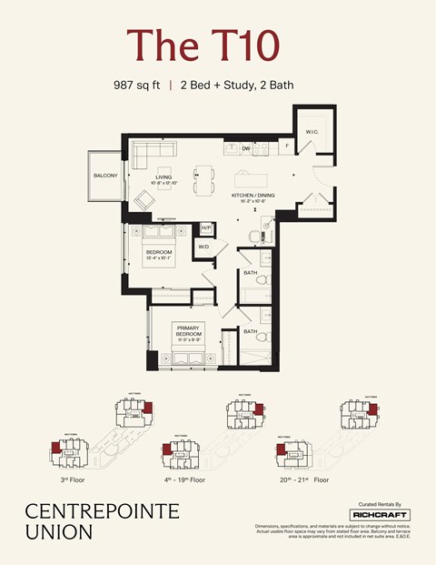Floor plan for 2 beds, 2 baths, 987 sqft