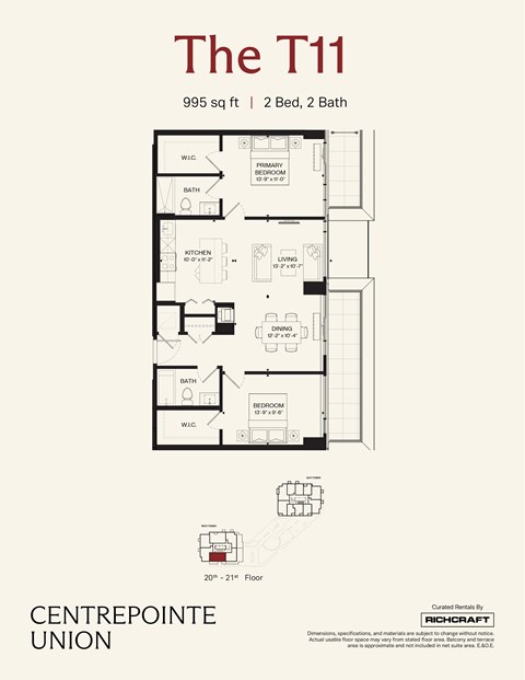 Floor plan for 2 beds, 2 baths, 995 sqft