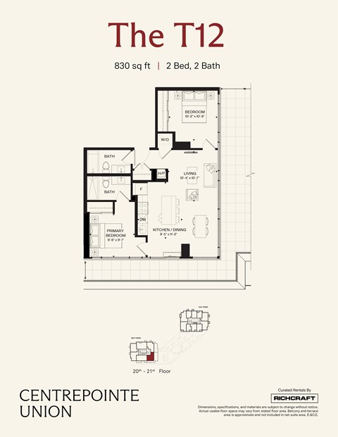 Floor plan for 2 beds, 2 baths, 830 sqft