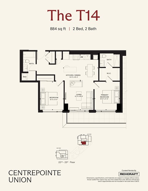 Floor plan for 2 beds, 2 baths, 884 sqft
