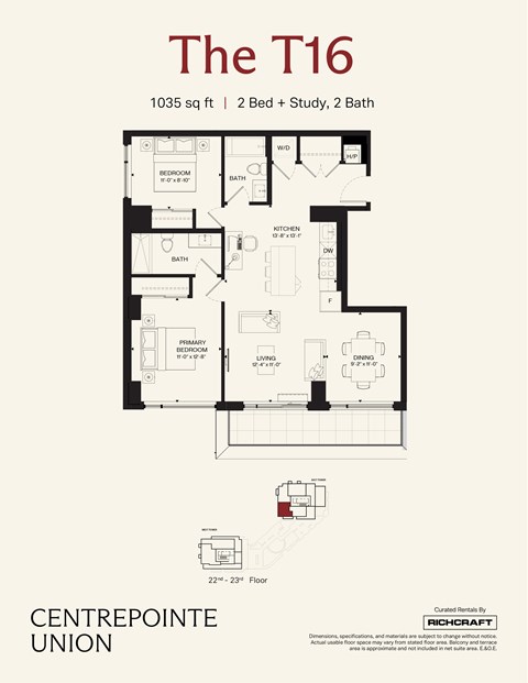 Floor plan for 2 beds, 2 baths, 1035 sqft