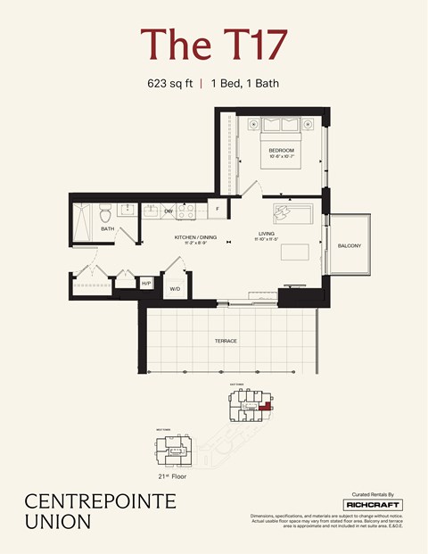 Floor plan for 1 bed, 1 bath, 623 sqft
