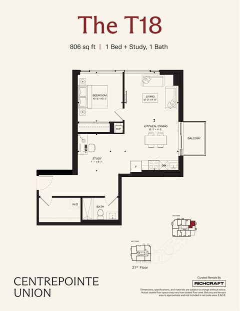 Floor plan for 1 bed, 1 bath, 806 sqft