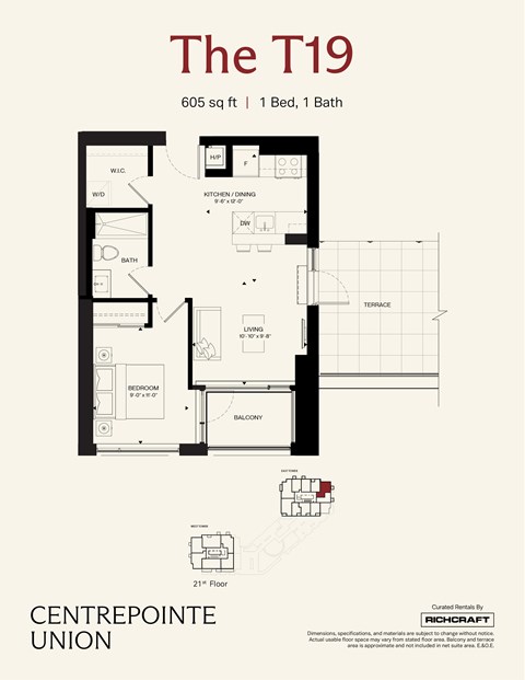 Floor plan for 1 bed, 1 bath, 623 sqft