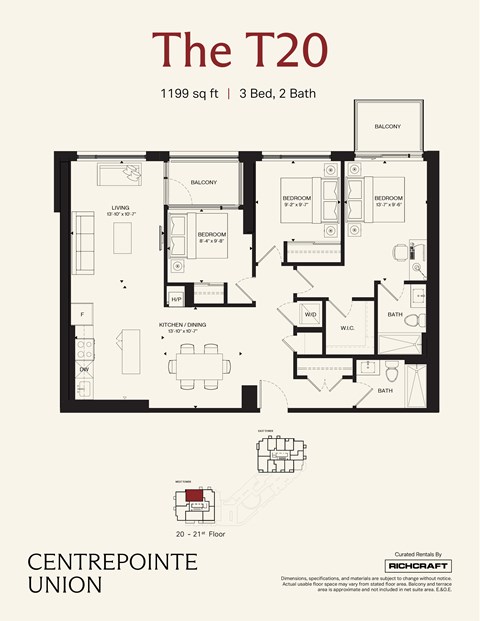 Floor plan for 3 beds, 2 baths, 1199 sqft