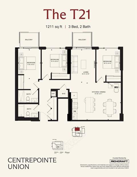 Floor plan for 3 beds, 2 baths, 1211 sqft