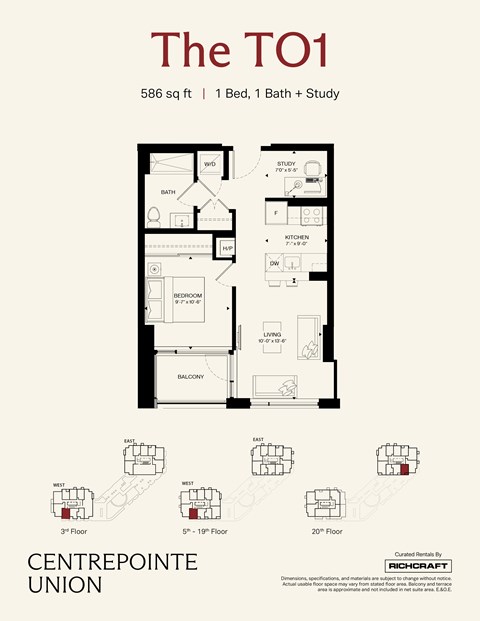 Floor plan for 1 bed, 1 bath, 586 sqft