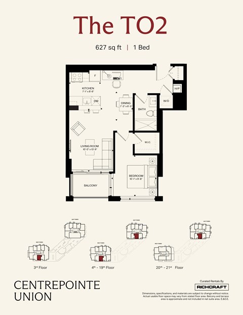 Floor plan for 1 bed, 1 bath, 627 sqft