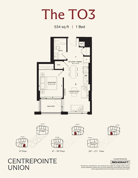 Floor plan for 1 bed, 1 bath, 534 sqft