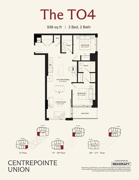 Floor plan for 2 beds, 2 baths, 938 sqft