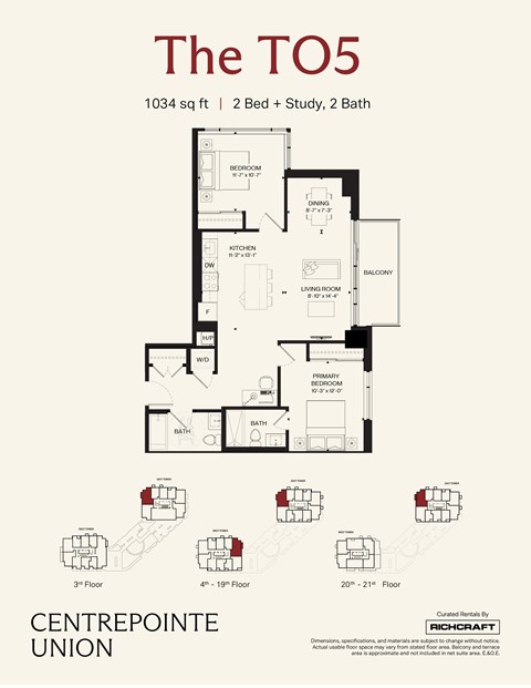 Floor plan for 2 beds, 2 baths, 1037 sqft