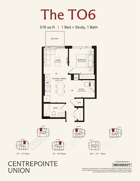 Floor plan for 1 bed, 1 bath, 576 sqft