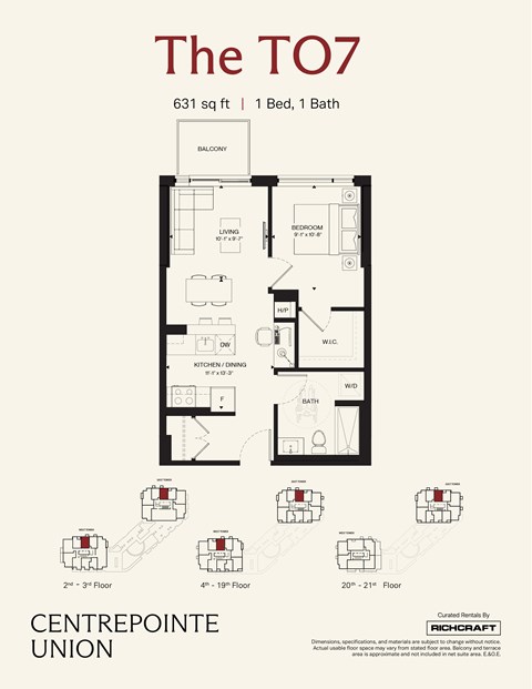 Floor plan for 1 bed, 1 bath, 631 sqft