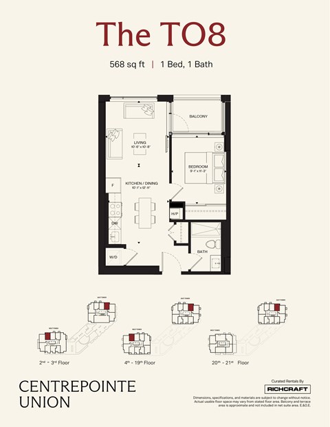 Floor plan for 1 bed, 1 bath, 568 sqft