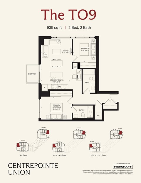 Floor plan for 2 beds, 2 baths, 935 sqft