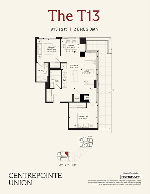 Floor plan for 2 beds, 2 baths, 913 sqft