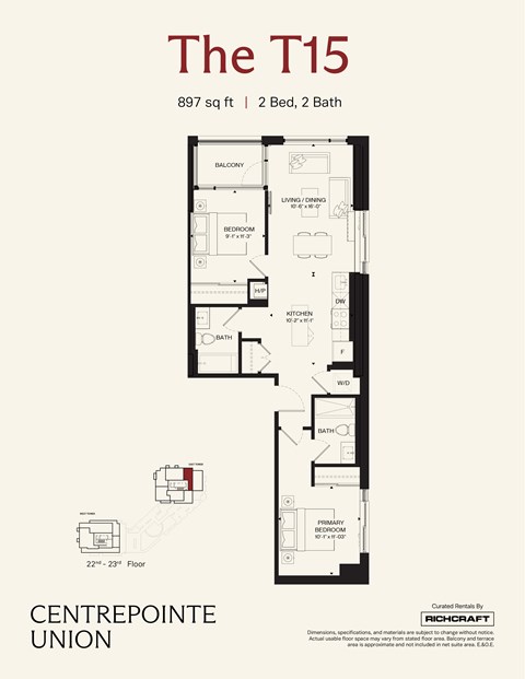 Floor plan for 2 beds, 2 baths, 897 sqft